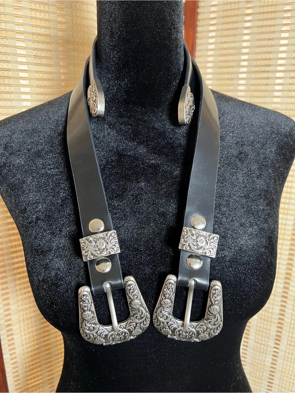 Black Western Double Buckle Belt Silver Floral Engraved Hardware Statement Waist